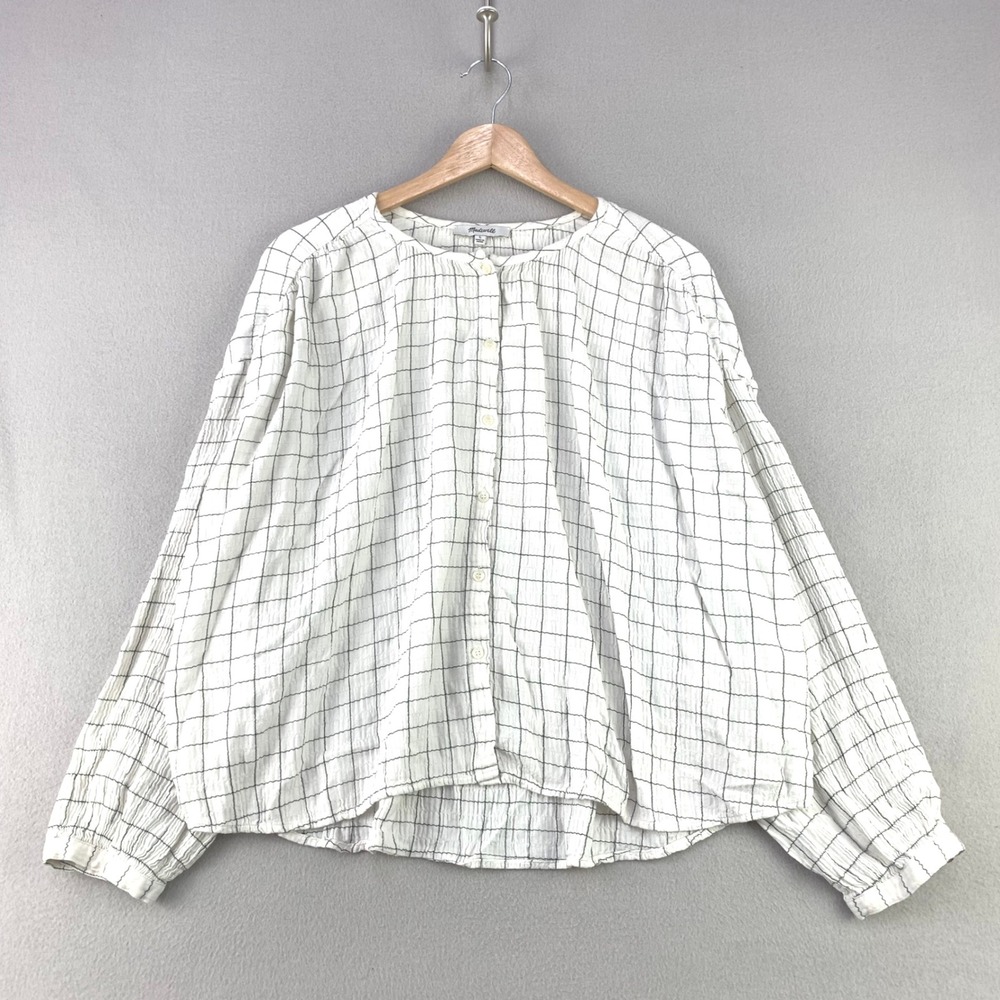 Madewell Windowpane Button Front Top Womens Large White Plaid Blouse Career